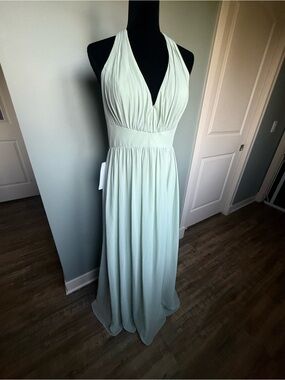 🌿 NWT Azazie Gianni Dusty Sage Halter Chiffon Bridesmaid Dress A10